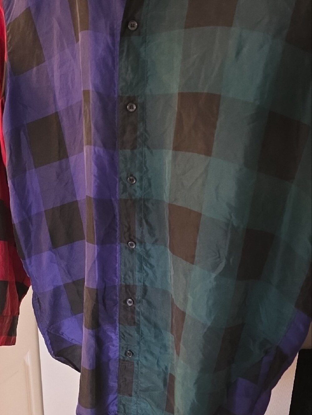 Men's Multicolor Patchwork Plaid Button-Down Shirt - Red, Blue, Green, White - Picture 3 of 12